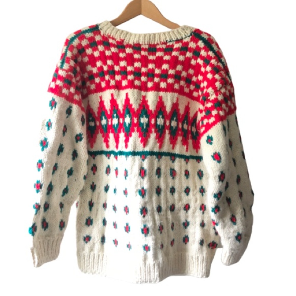 Vtg Hand Knit Christmas Nordic Southwestern Aztec Fisherman Grandpa Wool Sweater